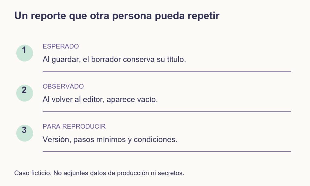 Un ejemplo ficticio separa el título que debería conservarse, el título observado vacío y las condiciones para reproducirlo.